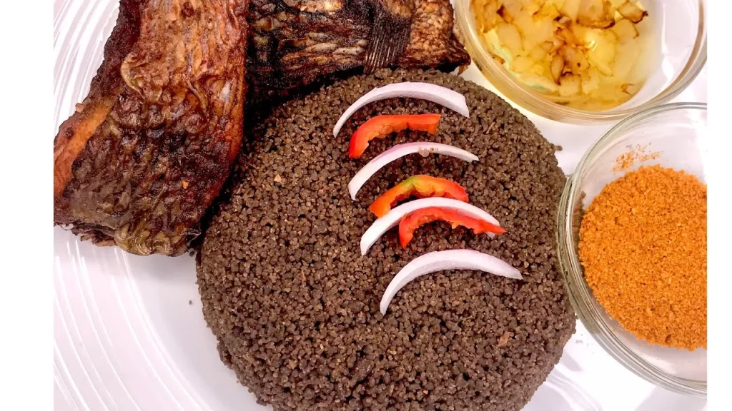 Wasawasa, a northern Ghana dish with fried fish, pepper and fried onion 